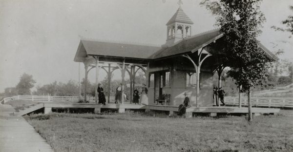 Lakeside station near "Water Cure."  The Lakeside Water Cure, in today's Olin Park on the south side of Lake Monona, was completed in August 1855.  Patients were treated in the steam-heated main building, which accommodated 80.  On August 21, 1877, the facility burned and was not rebuilt.