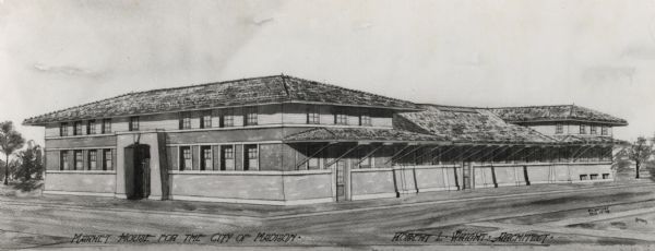Architectural drawing. Caption reads: "Market House for the City of Madison".  Robert L. Wright, Milwaukee, architect.
