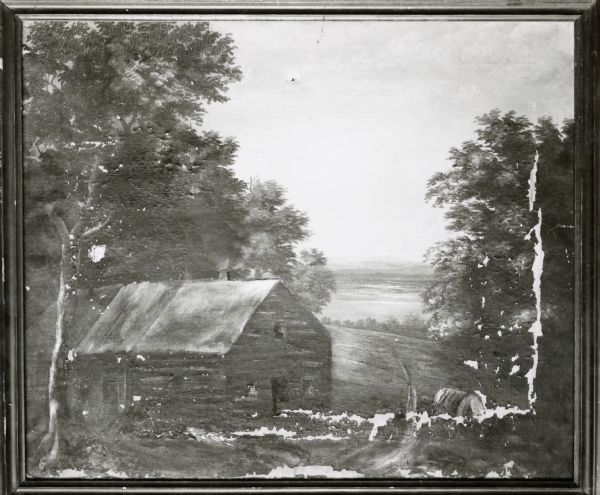 Photographic print of an amateur painting, probably representing the "first house in Madison, Wisconsin." The Peck Cabin, one of the many free variations on an original painting by Mrs. E.E. Bailey, painted around 1869. This canvas was originally an early 19th century landscape, partly painted over about 1885 to insert the cabin, figures, and foreground. Inscribed in paint on the reverse side: "First House built in Madison, Erected by Eben Peck, on lot 6, block 107, in May 1837." Currently (1965) in custody of the Mendota State Hospital, Department of Occupational Therapy.