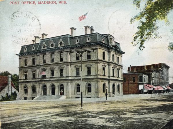 U.S. Post Office Colorized view of the U.S. Post Office and its surrounding streets. Caption reads: "Post Office, Madison, Wis."