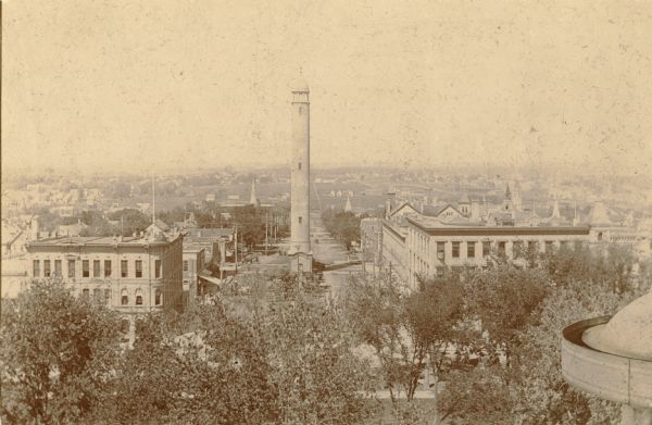 Elevated view from the Wisconsin State Capitol of the old Water Tower located on East Washington Avenue.