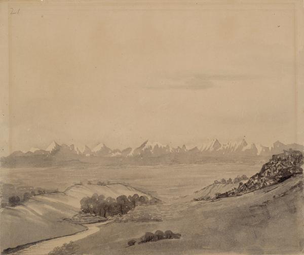 Wilkins' first sighting of the Rocky Mountains; sketched by Wilkins on his 151-day journey from Missouri to California on the Overland Trail (also known as the Oregon Trail).
