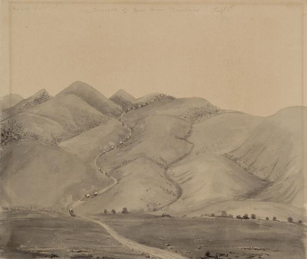 Bear Valley in Utah with a wagon train descending the mountains. sketched by Wilkins on his 151-day journey from Missouri to California on the Overland Trail (also known as the Oregon Trail). 
Wilkins writes in his diary: "We are now continuing up Bear River, a beautiful valley with plenty of grass, but scarce of timber, there being except in a few instances nothing but Willows on the border of the stream. But the bluffs on each side (or they may almost be called mountains they are so very high) are the finest I have seen; rich in color oweing to a kind of red clay that makes its appearance here and there thro' the scanty grass, diversified with small bushes and patches of Cedar...this morn we started at sunrise, being obliged to leave the river bottom, oweing to a cannion, and ascend and descend the mountain the steepest and longest ascent we have made on the route. I made a sketch of the descent on the other side, but oweing to the clouds of dust, it was anything but pleasant to sit sketching."