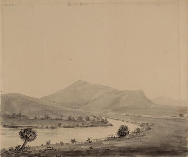 Bear Valley in Utah; sketched by Wilkins on his 151-day journey from Missouri to California on the Overland Trail (also known as the Oregon Trail). 
Wilkins writes in his diary: "We are now continuing up Bear River, a beautiful valley with plenty of grass, but scarce of timber, there being except in a few instances nothing but Willows on the border of the stream. But the bluffs on each side (or they may almost be called mountains they are so very high) are the finest I have seen; rich in color oweing to a kind of red clay that makes its appearance here and there thro' the scanty grass, diversified with small bushes and patches of Cedar...this morn we started at sunrise, being obliged to leave the river bottom, oweing to a cannion, and ascend and descend the mountain the steepest and longest ascent we have made on the route. I made a sketch of the descent on the other side, but oweing to the clouds of dust, it was anything but pleasant to sit sketching."
