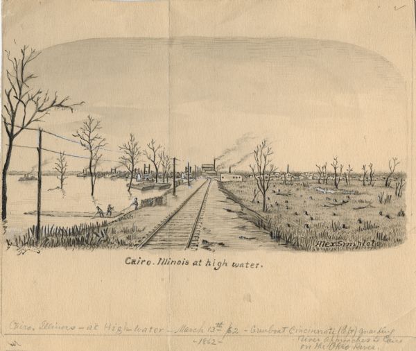 View down railroad tracks of the gunboat "Cinncinati" guarding Union approaches to Cairo on the Ohio River.