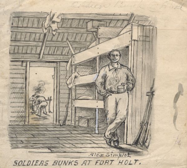 Drawing of a soldier holding a cup, standing next to his bunk at Fort Holt. Civil War firearms are in the closet on the right. Another man is in the background working (seen through an open doorway of the room.)