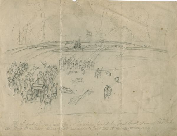 "The 2nd and 7th Iowa and the 52nd Indiana headed by General Smith storming up the rebel works at Fort Donelson causing its surrender to General Grant the next morning."  The sketch includes soldiers on a battlefield, men on horseback pulling a wagon with a cannon and some wounded and dying soldiers.