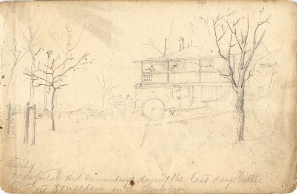 "Hospital and (indecipherable) during the last days battle at Fort Donelson on the Tennessee." Building with people and several trees.