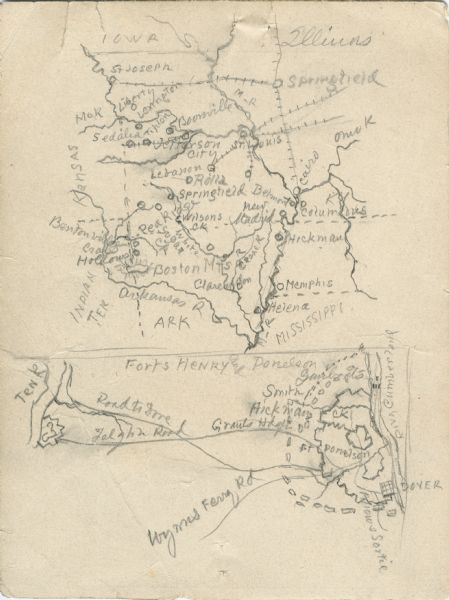 A hand-drawn map of the state of Missouri with a separate drawing of a map showing Forts Henry and Donelson. The Missouri map includes Jefferson City and surrounding towns and Springfield and surrounding towns.