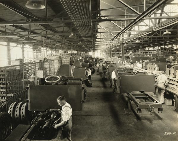 The interior of the Truck Assembly Room at the Winther Motor and Truck Company factory.