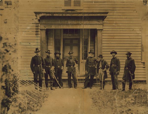 General Edwin Vose Sumner and his staff officers: (from left to right) Capt. A.H. Cushing; Capt. L. Kipp; Major Clark; Lt. Col. Joseph Taylor; Major General E.V. Sumner; Capt. Samuel Sumner; Surgeon Hammond; Lt. Col. Lawrence.