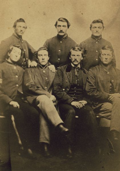 Group portrait of seven members of the 13th Wisconsin Volunteer Infantry Company K.