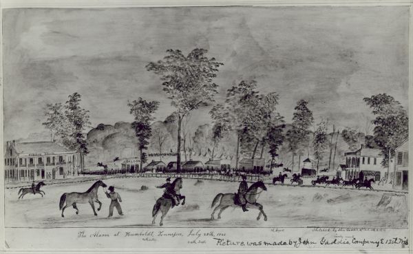 The alarm at Humboldt, Tennessee, July 28th, 1862.  A watercolor by John Gaddis of the 12th Wisconsin Volunteers Company E.
