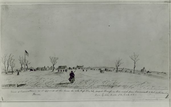 Ossawattamie, Kansas, as it appeared at the time the 12th Wisconsin Volunteer's passed through on their march from Leavenworth to Fort Scott in March of 1862.  Watercolor by John Gaddins of Company E.