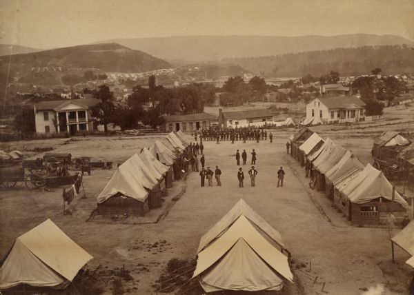 Elevated view of Battery C, 1st Regiment, Wisconsin Heavy Artillery at Fort Sherman, shown here after the battles of Missionary Ridge and Lookout Mountain. This is a view looking toward Chattanooga.
