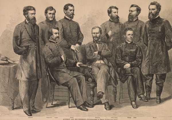 "Sherman and His Generals" etching after Brady photograph.
