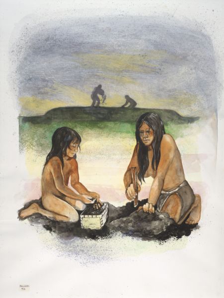 A watercolor of prehistoric Indians building an effigy mound.