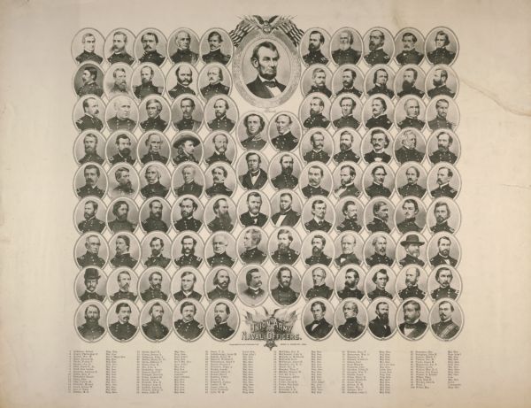 A lithograph of 100 Union Army and Navy officers and Abraham Lincoln.