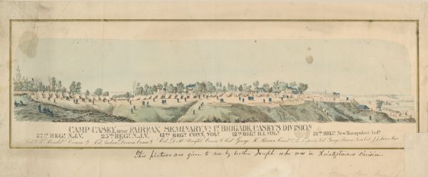 "Camp Casey near Fairfax Seminary, Virginia 1st Brigade, Casey's Division". Handcolored lithograph of site of Camp Casey.
