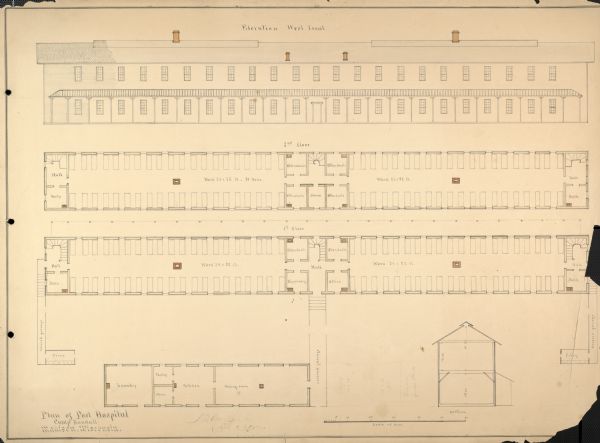 Plan and elevation of the post hospital at Camp Randall.