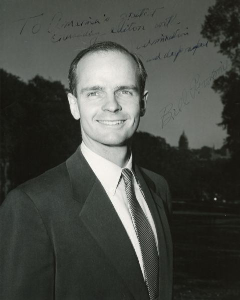Portrait of Bill Proxmire. The front of the photograph is inscribed: To America's greatest Crusading editor with admiration and deep respect, Bill Proxmire".