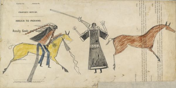 Ledger Drawing. Two men, two horses, one ridden by one of the men.