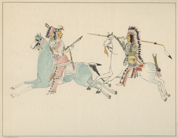 Combat between a Comanche (left) and a Kiowa (right) done by  a Comanche boy, at Kiowa, Comanche, and Wichita Agency, Oklahoma.