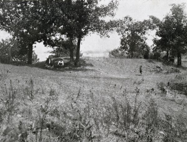 Two men enjoy the shade among Native American burial mounds on the Dividing Ridge, a recessional moraine, between Lakes Monona and Wingra in Madison, Wisconsin. The Dividing Ridge and the mounds were subsequently destroyed by gravel mining.