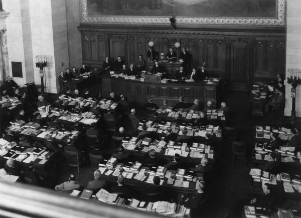 Elevated view of Governor Phillip La Follette addressing the Legislature.
