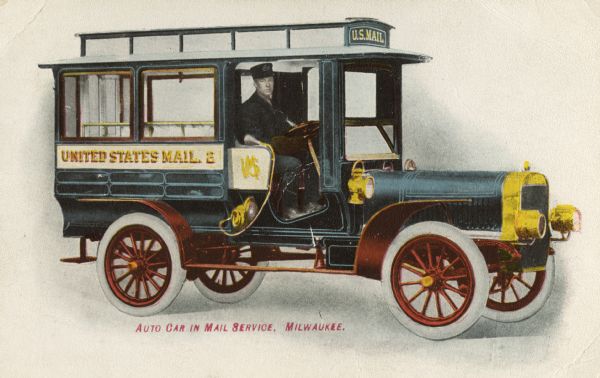 Milwaukee's first mail truck, here referred to as an "auto car."  The date comes from a similar postcard that is postmarked. Caption reads: "Auto Car in Mail Service, Milwaukee."