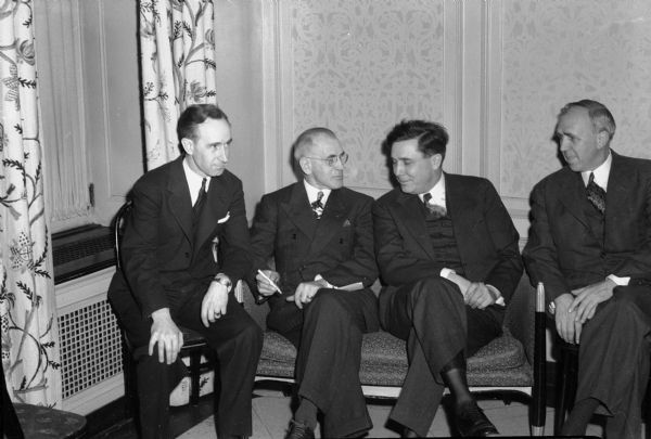 Republican Presidential candidate Wendell Willkie with three of his delegates, Vernon Thomson (R-Richland Center), George Skogmo (R-Milwaukee), and William J.P. Aberg (R-Madison), during Willkie's 1944 campaign.