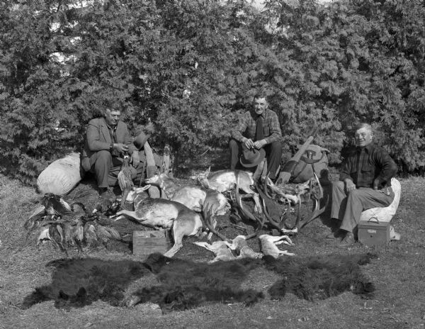Stoeber hunting party. Three men are posed with assorted game.