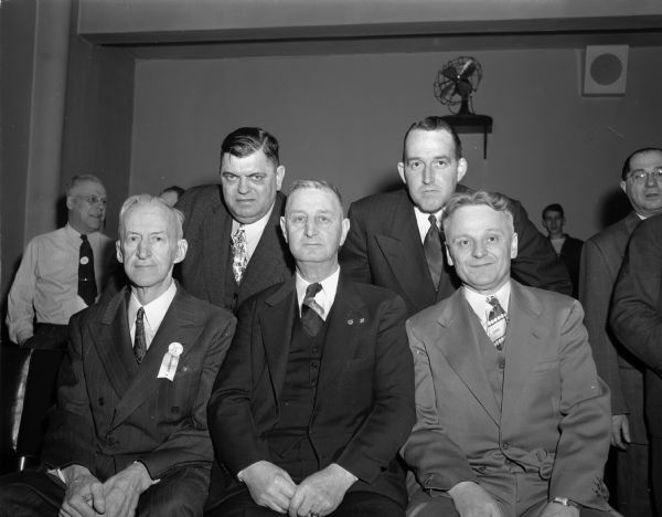 Officials of the Elks Bowling Association of America. Left to right: William C. Conway, president of the Elks National Convention; John J. Gray, National secretary-treasurer; William N. Blau, president of the American Bowling Congress; Goodwin R. Lyons, exalted ruler of the Madison lodge and E.N. Quinn, chairman of the tournament.