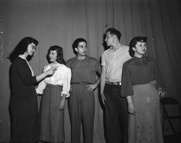 Some of the Central High School Operetta cast members rehearsing. Left to right, Ruth Doris, Jo Raimond, Tom Coynes, Dick Peterson and Betty Figler. The operetta was "The Marriage of Nanette."