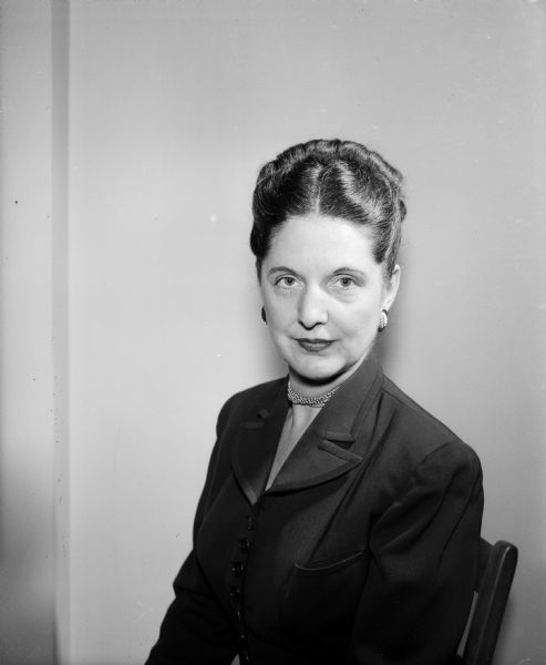 Portrait of Mrs. Carl A. Brandly, president of the women's auxiliary of the Wisconsin Veterinary Medical Association. Her husband is head of the veterinary science department at the University of Wisconsin.