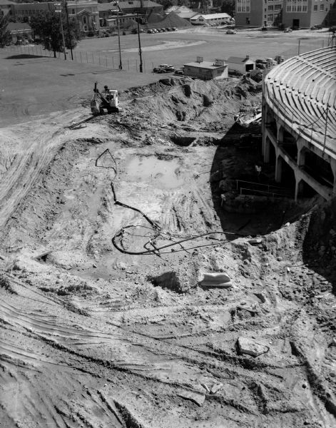 Construction of New  Seats at Camp Randall Stadium Elevated view of construction of new concrete bleachers at the north end of Camp Randall Stadium.