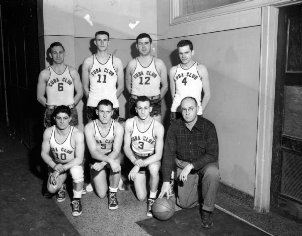 Cuba Club Basketball Team Group portrait of the Cuba Club basketball team. Pictured left to right, back row: Maurie Rhode, Don Teuchert, Bob Hinz, and Roy Ryser. Front row left to right: Sam Prestigiacomo, Wally Heilman, Carl Maglio, and manager, Phil Schwartz.