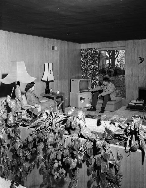 Interior view of the living room at 811 Farwell Drive, including plants and vines in foreground.  Homeowners Jean and Stewart Douglas are sitting and looking at their television, and behind them is a floor-to-ceiling window with a Mid-Century patterned curtain.
