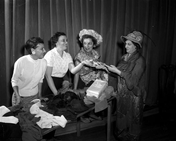Members of the Beth Israel Sisterhood depict the group's activities in an original skit.  Left to right are Mrs. Jack (Rose) Gordon, Mrs. Sol (Florence) Goodman, Mrs. S.M. (Bess) Lewis, and Mrs. Adolph (Janet) Weinshel.