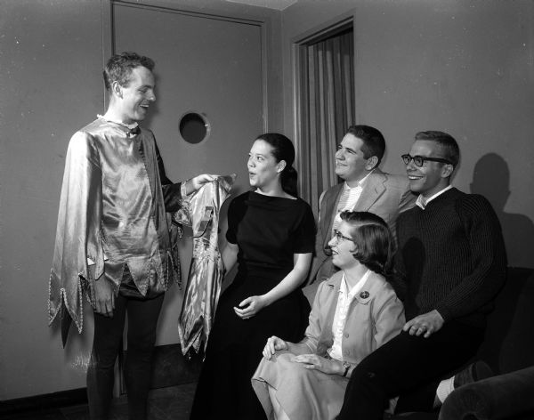 Portrait of some of the active alumni of the Youth Summer Theater. Seated in front is Mary Kate Lorenz. Others left to right: David Starkweather (standing, in costume), Joan Taliaferro, Mike Kretschman, and Ronn Hansen.