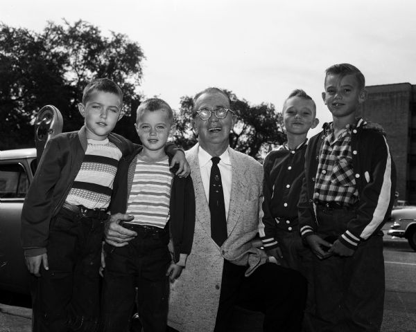 Roundy's Fun Fund Fundraiser Group portrait of boys who sold Kool Aid and popcorn as a fundraiser for Roundy's Fun Fund (aid for handicapped and underprivileged boys and girls). Shown left to right: Mike Amble, Steve Amble, "Roundy" Coughlin, Chucky Judd, Bobby Judd.