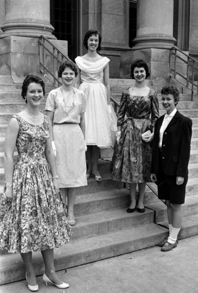 Home economics students at Madison West High School wear clothing made at a Mother-Daughter Night. Left to right are: Jane LaCourt, Christine Anderson, Maureen Schaefer, Cindy Boller, and Beverly Slauson.