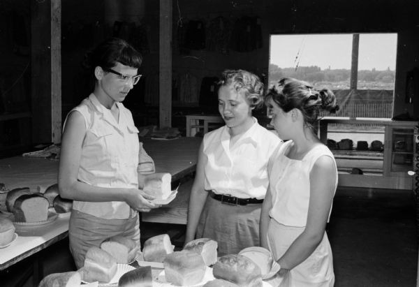 Food entries at the 1959 Dane County Junior Fair total 1,650 including 76 loaves of bread. Shown examining a loaf of bread are, (left to right): Ilene Ballweg, Sauk City, of the Roxbury Boosters 4-H Club; Karen Weisensel, Marshall, Sun Prairie 4-H Club; and Gail Miller, Marshall, Sun Prairie 4-H Club.