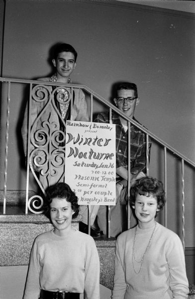 Order of DeMolay and Order of Rainbow Dance A public semi-formal dance, "Winter Nocturne", will be sponsored by the Order of Rainbow for Girls and the Order of DeMolay for Boys in the Crystal Ballroom of the Masonic Temple. Four of the committee members are Suzanne LaCourt, Karen McCafferty, David Gerhardt, and Steve Barr.