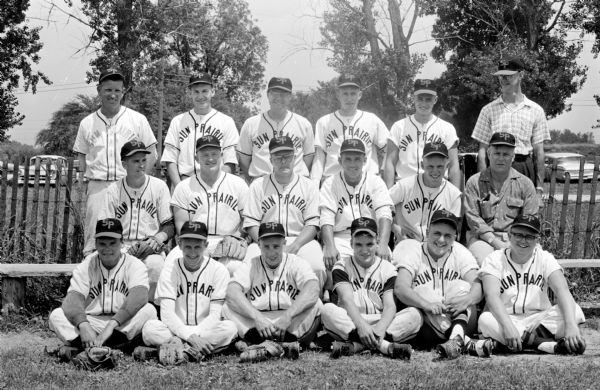 Sun Prairie Home Talent Baseball Team The Sun Prairie Home Talent baseball team has a record of 10 Eastern Sectional victories this season in its bid for a third straight Home Talent League championship. Left to right are, First row: Earl Harrison, Harold Honish, Walter Schoenherr, Bill Hebl, Batboy Don Weisensel, Darrell Thompson. Second row: Bob Hauge, Doug Johnson, Duane Peterson, Leon Jesberger, Frank Hebl, Ticket Manager Dick Hein. Third row: Leon Piddington, Cy Weiser, John Yelk, Stan Wagner, Hank Brandt, and Scorekeeper Ken Kendall.