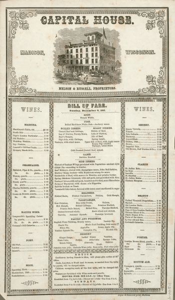 The Capital House bill of fare for Sunday, December 2, 1855. Proprietors were Nelson & Russell.