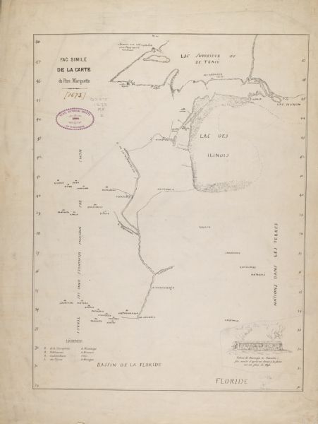 Facsimile of the autograph map of the Mississippi or Conception River drawn by Father Marquette at the time of his voyage. From the original preserved at St. Mary's College, Montreal.