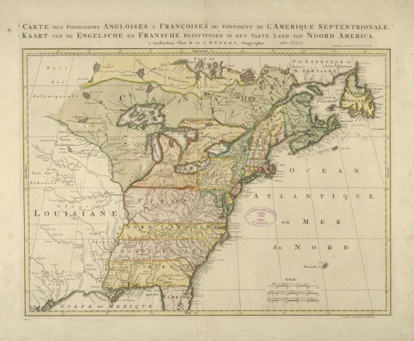 Color map of North American territories owned by the English and by the French. Scale: about 115 milles d'Angleterre to 1 inch. French title is "Carte des possessions angloises & francoises du continent de l'Amerique Septentrionale". Title also in Dutch: "Kaart van de Engelsche en Fransche Bezittingen in Het Vaste Land van Noord America".