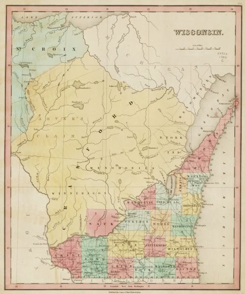 Map reads: "Wisconsin". The map depicts the counties as of 1842 and the various areas of Indian settlements. The scale is twenty miles for every inch.