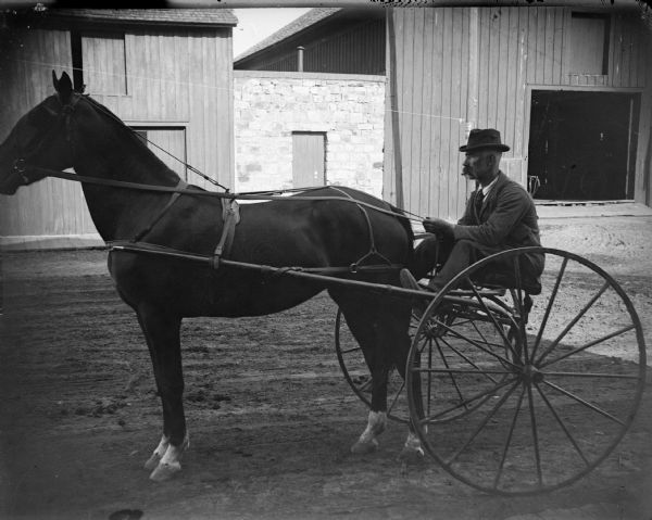 Man posing in a sulky, probably Eugene Greenlee, the Superintendent of Water Works, possibly pulled by a race horse. Note the solid tires. When pneumatic tires came into use on bicycles they were also used on sulkies. They improved racing and broke time records. Black River Falls had many race horse owners and people were enthusiastic. They were a principal feature at county fairs. In Black River Falls, John Peterson, Fanny Whitestone, and Mimmie Whitestone were owners. There was competition with a horse from Sparta called Poco Tempe, and with a man named Catura, who had several horses from Durand.